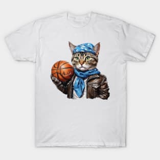 street cat wearing a leather jacket and bandana holding a basketball T-Shirt